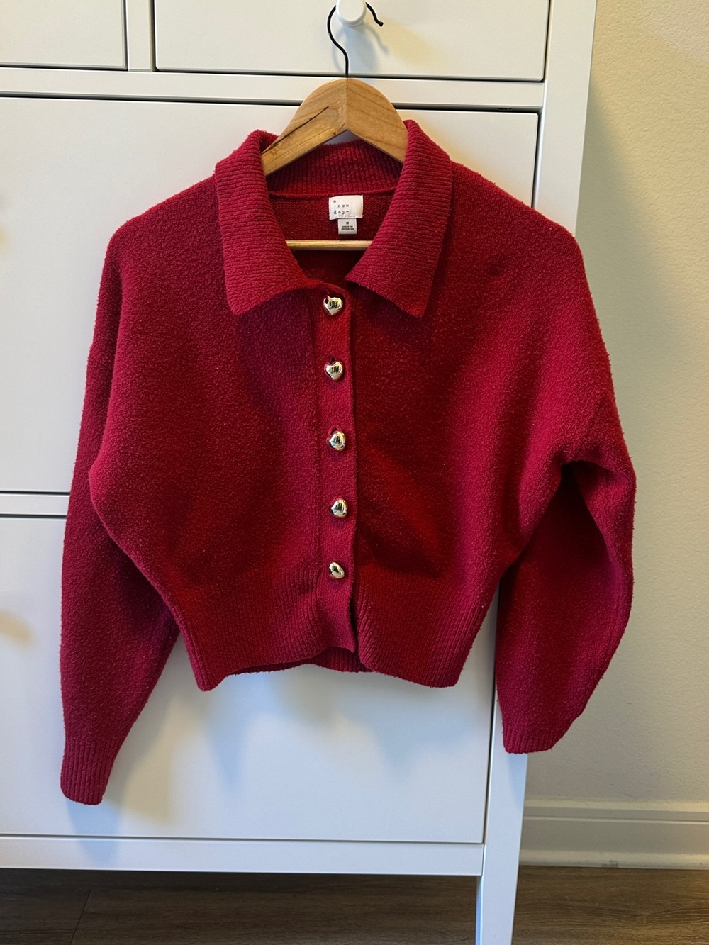 a new day Red Cropped Button Cardigan with Heart Buttons